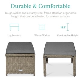 Best Choice Products Set of 2 Wicker Ottomans, Multipurpose Outdoor Furniture for Patio, Backyard, Additional Seating, Footrest, Side Table w/Removable Cushions, Steel Frame - Cement Gray/Taupe