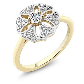 Gem Stone King 18K Yellow Gold Plated Silver White Topaz and I Diamond Engagement Ring For Women | 0.14 Cttw | Round 3MM | Gemstone November Birthstone | Size 7