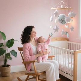 Baby Bed Bell with Felt Star Bear Natural Bamboo Girls Hanging Mobile Wind Chime for Baby Cot Boys and Girls (Blue Bear)