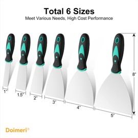 Doimeri 6 Pack Putty Knife, 1” 1.5” 2” 3” 4” 5” Spackle Knives, Premium Stainless Steel Paint Scraper, Perfect Tools for Repairing Drywall, Removing Wallpaper, Applying Mud or Plaster