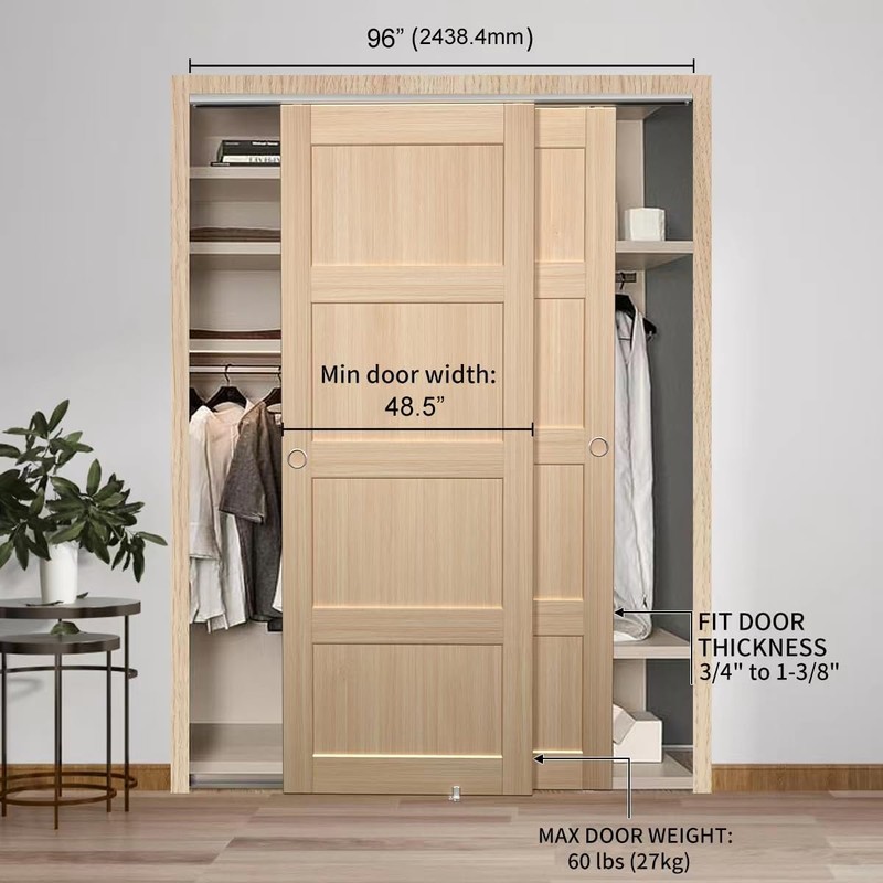 Bypass Sliding Door Hardware 96", Bypass Wardrobe Closet Door Track