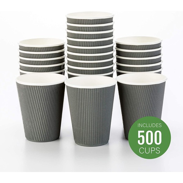 500-CT Disposable Gray 12-OZ Hot Beverage Cups with Ripple Wall Design: No Need for Sleeves - Perfect for Cafes - Eco-Friendly Recyclable Paper - Insulated - Wholesale Takeout Coffee Cup