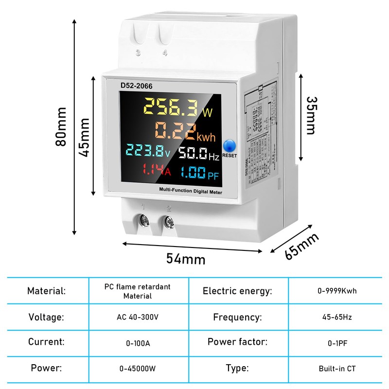 Electricity Meter, DIN Rail, LCD Digital Energy Meter, AC40-300 V,