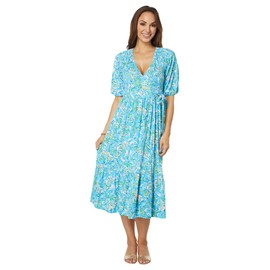 Lilly Pulitzer Brantley Midi Wrap Dress for Women - 100% Cotton, V-Neckline, and Allover Floral Pattern with Tiered Skirt Cumulus Blue Chick Magnet SM One Size