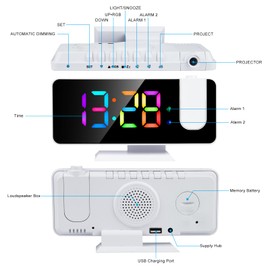 Hanaix Projection Alarm Clock for Bedrooms Ceiling,7.3" Digital Clock Large Display Mirror Screen,11 Colors RGB Clock with 180° Rotatable Projector,5 Auto Dimmer,12/24h, Snooze,Dual Alarm