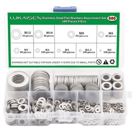 304 Stainless Steel Flat Washers Set 580 Pieces, 9 Sizes - M2 M2.5 M3 M4 M5 M6 M8 M10 M12 Suitable for Home Decoration, Factories Repair, Kitchens, Shops and Outdoor Construction