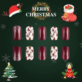 BABALAL Press On Nails Medium Square Fake Nails - Burgundy Christmas Tree Design, Glossy Artificial Nails - 24Pcs Squoval Manicure Stickers