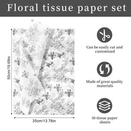 50pcs Floral Gift Paper, 19.69x13.78in Chinoiserie Flowers Gift Tissue Paper Sheets for Wedding Birthday Baby Shower Presents Wrapping (Grey)