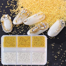 JCAKES 4 Boxes Nail Pearls for Nail Art 3D Gold&Silver Beads Caviar Alloy Nail Charms Jewelry Flat-Back Half Round Pearls for Nails Acrylic Nail Decoration for DIY Accessories Nail Supplies