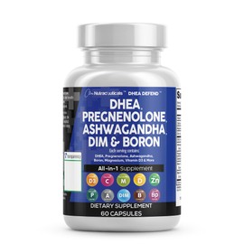 DHEA 200mg Supplement Pregnenolone 100mg for Men & Women with DIM Ashwagandha Boron 6mg Complex Calcium Magnesium Zinc 50mg Vitamin D3 5000 iu Hormone Support Capsules Pills - Made in USA 60 Ct