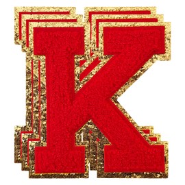 TXSN 3PCS Red Chenille Letters Patch, Large Size 4-1/2" Iron on Letter Patches Varsity Glitter Patches for Clothing, K