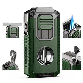 5-in-1 Torch Lighter with Cutter, Punch, Holder, and Draw Enhancer Tool, Triple Windproof Flame, All-in-one Lighter with Multi-Functional Accessory, Refillable Butane Lighter with Gift Box for Men