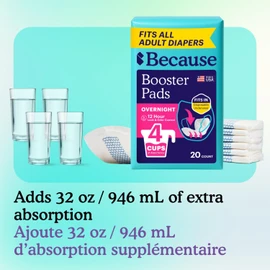Because Overnight Booster Pads Fit All Adult Diapers, Helps Keep Your Adult Diaper Active All Night, Adds 4 Cups to Incontinence Underwear, Extra Absorbency, 22 Count (Packaging May Vary)