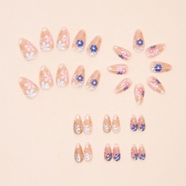 Short Press on Nails Almond Acrylic Nails Flowers Fake Nails Pink Translucent Nails Press ons Cute False Reusable Stick on Nails for Women Girl 30 Pcs