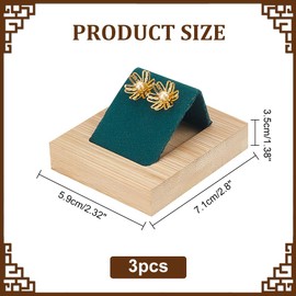 DELORIGIN 3pcs Wood Earrings Display Stand Wooden Base with Green Velvet Ear Stud Holder Jewelry Display Collectible Organizer Single Pair Earring Stand Storage for Women Selling Engagement Wedding