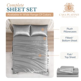 Casa Platino Satin Bed Sheets Set Full Size - 4 Pieces - Ultra Soft Like Silk - 1 Fitted Sheet, 1 Flat Sheet & 2 Standard Pillowcases - Breathable Satin Sheets, Suitable for Hot Sleepers - Light Gray