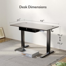 Seang Standing Desk with Drawer, 48" x 24" Height Adjustable Stand Up Desk, 3 Memory Height Settings with Cable Grommets & Storage Hooks, Ideal for Home & Office, Black