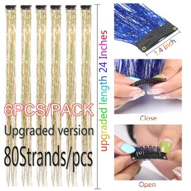CelineBella Clip in Hair Tinsel Kit Gold Tinsel Hair Extensions 24 Inch Heat Resistant for Girls Kids New Year Gift Party Cosplay