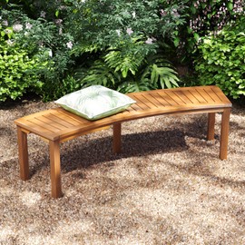 RELAX4LIFE Wooden Outdoor Curved Bench - Acacia Wood Garden Bench w/Slatted Seat, 2-Person Outside Backless Seating for Front Porch Backyard Deck Park, 800 LBS Load Capacity, Patio Fire Pit Bench (1)