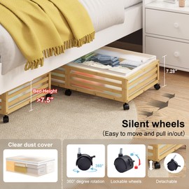 Xadgve Under Bed Storage with Wheels-Large Bamboo Underbed storage Containers with Large Dust Bag Stackable Under the Bed Shoe Storage Bins for Clothes Books Bedding and toy storage Space Saving