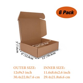 PHAREGE 12x9x3 inch Shipping Boxes 6 Pack Brown, Tab Lock Tuck Top Mailer Boxes for Packaging Small Business, Medium Cardboard Gift Boxes for Wrapping Mailing Present