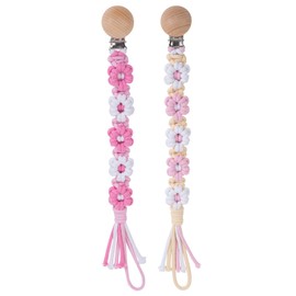 Symbolife Pacifier Clip, Daisy Floral Pattern, with Wooden Clip, 30cm Stretchy, Cotton, Unisex (2pack: Pink Daisy x 2)