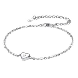 Suplight 925 Sterling Silver Heart Charm Bracelets for Women Dainty Initial Letter M Chain Bracelet Valentines Gifts