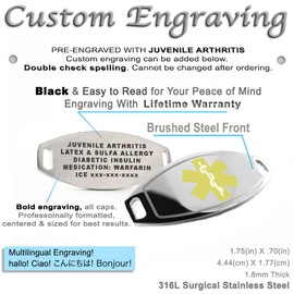My Identity Doctor - Pre-Engraved & Customizable Juvenile Arthritis ID, Medical Alert Bracelet, 6mm Heart Chain (Yellow)