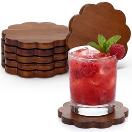 RimCereal 6 Pcs Scalloped Wooden Coasters Natural Wood Color Round Stackable Drink Coasters for Coffee Table Home Bar Kitchen Decoration for Kinds of Cups Housewarming Gift (3.9 Inch,Classic)