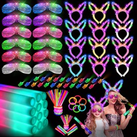 Maryhonkui 160 Glow in the Dark Party Supplies 12 Foam Glow Sticks 12 LED Glasses 12 Rabbit Ear Headband 24 Finger Lights and 100 Glow Sticks Glow Party Favors for Glow Party Birthday Concert