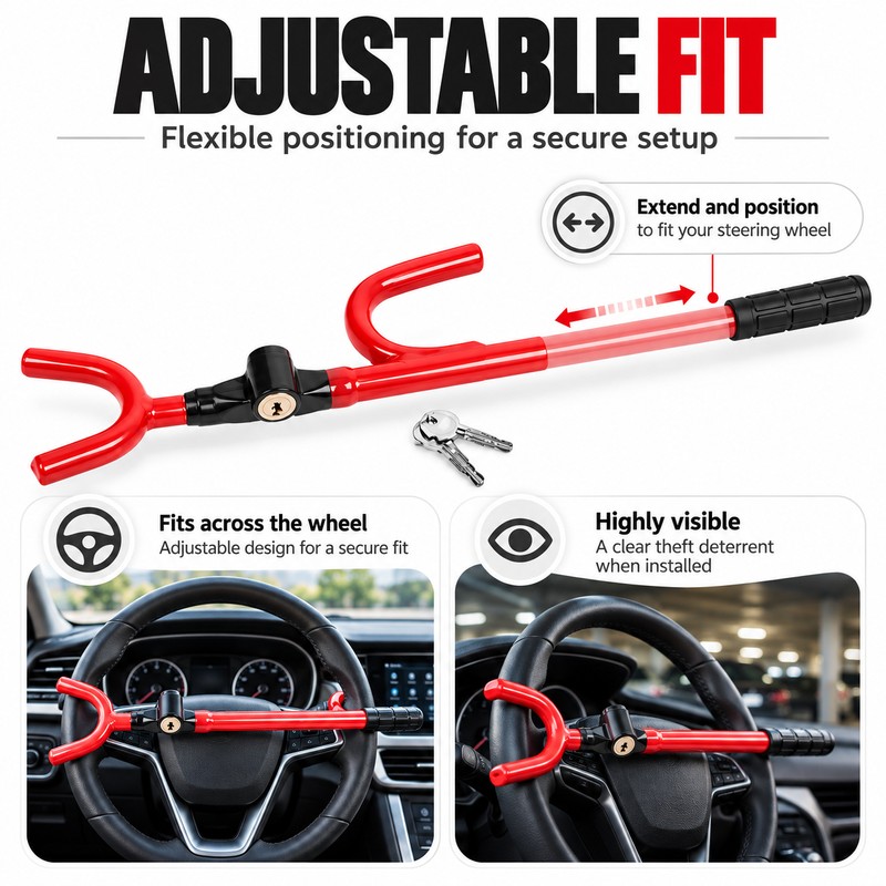 Telescopic Steering Wheel Lock for Vehicle Security – Adjustable U-Shaped