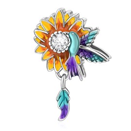 Amuefer Sunflower Hummingbird Charms for Bracelets 925 Sterling Silver with Cubic Zirconia Pendant for Necklaces Valentine's Day Mother's Day Christmas Jewelry Gifts for Women