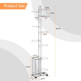 Garage Ball Storage Sports Equipment Organizer 7 Tier Basketball Rack Display Stand with Baskets and Hooks Freestanding Indoor & Outdoor Ball Rack Organizer Holder for Volleyball Football, Silver