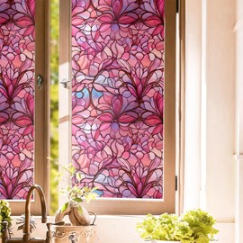 Pink Peach Floral Stained Glass Window Films Decorative Double-Side Privacy Film Self-Adhesive Static Glass Window Clings Stickers for Living Room Bathroom Glass Windows Decor