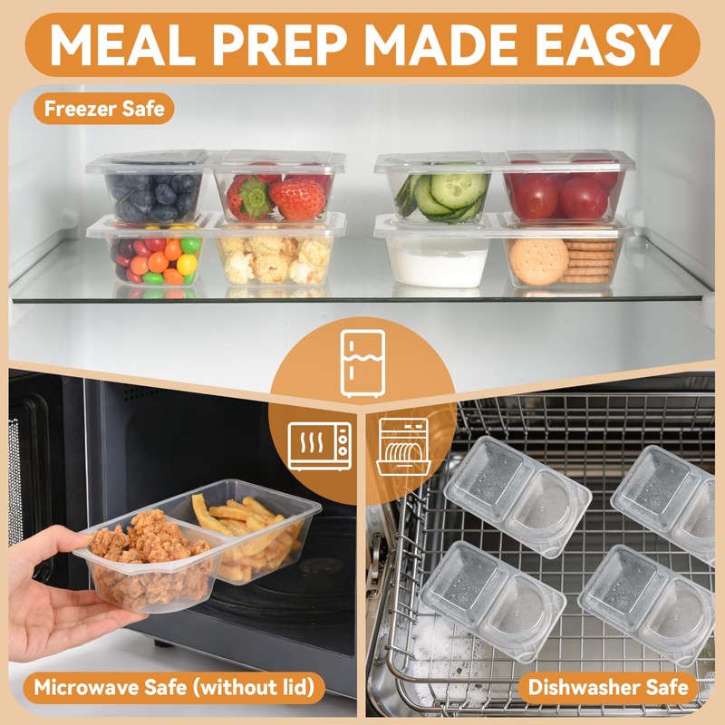 16 Sets 10 oz Reusable Snack Containers with Lids, 2-Compartment