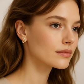 Gold Studs Earrings for Women: 14k Gold Plated Hypoallergenic Earrings Bling, Lightweight Small Classic Criss-Cross Design Earrings Jewellery Trendy, Birthday Gifts for Women Her Sister Girlfriend