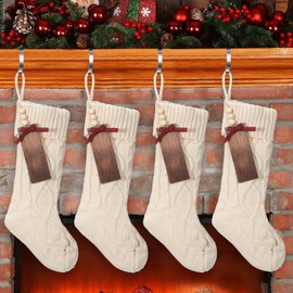 Zubebe 4 Sets 18 in Knitted Christmas Stockings Kit, Metal Stocking Holder and Name Tags Large Knit Xmas Stocking with Marker Pen for Family Holiday Xmas Party Fireplace Mantel Decor