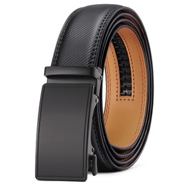Men's Leather Belt Automatic Ratchet Buckle Slide Belt for Dress Casual Trim to Fit with Gift Box