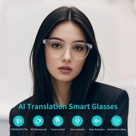Bluetooth Smart Glasses for Women, AI Translation Glasses Supports Over 110 Languages, Built-in Microphone Speaker, Colour Changing Lenses, Blue Frame with Polarized UV Protection for Travel