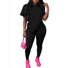 Nimsruc Women 2 Piece Outfits Summer Lounge Set Matching Jogger Sets Short Sleeve Tracksuit Loungewear Sweatsuits Black L