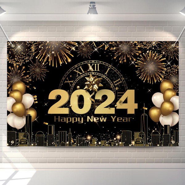 Happy New Year Banner 2024,70x43 inch New Years Decorations,Black Gold New Years Eve Party Backdrop for Photo Booth Festival Decoration