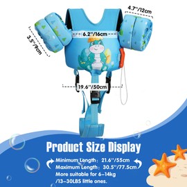 MoKo 13-20-30lbs Toddler Floaties Arm Floaties, Toddler Swim Vest Cartoon Swim Arm Band for Kids with Crotch Strap Pool Float Vests Sleeves Shoulder Straps Learn to Swim, Light Blue & Dinaosaur