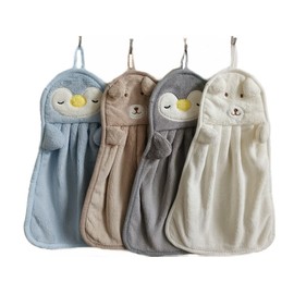 4 Pack IvyMei Cute Cartoon Animal Hand Towels,Kitchen Hand Towels with Loop,Bathroom Hand Towels Hanging,Soft Absorbent Microfiber Hand Towels (White Blue Khaki Grey)