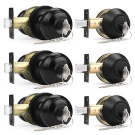 Probrico Black Door Knob and Single Cylinder Deadbolt with Same Key, Keyed Alike Entry Door Locksets with Knob and Deadbolt for Front Door, 3 Pack