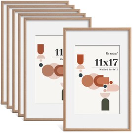 Fun Memories 11x17 Picture Frame Set of 6, Display Pictures 8x12 with Mat or 11x17 Without Mat, 11x17 Picture Frames with HD Plexiglass, Wall or Tabletop Display, Wall Hook Included, Natural