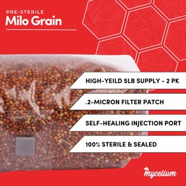 Mycelium Milo Grain Spawn | 2-Pack (5 lb Each) Pre-Sterilized Mushroom Substrate Bags with Self-Healing Injection Ports | Ideal for Bulk & High-Yield Cultivation | Easy & Ready to Use