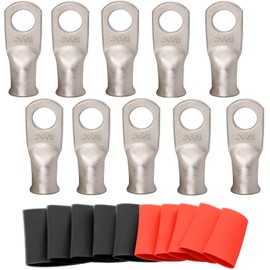 SVAAR 10pcs 2 AWG - 3/8'' Tinned Copper Cable Lugs Wire Lugs UL Listed 2 Gauge Ring Terminals Wire Lugs Battery Cable Ends Heavy Duty Closed End Crimp Connectors with 10pcs 3:1 Heat Shrink Tubings