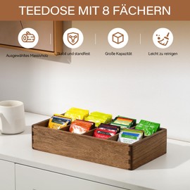 KIRIGEN Wooden Tea Box Organiser with 8 Compartments - Tea Bag Storage Box for Kitchen, Office & Home - Versatile Tea Bag Holder Made of Solid Wood for Tea Bags, Coffee & Spices Yellow-Brown