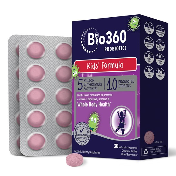 Bio360 Kids Probiotic, Targeted Probiotics for Kids, Whole Body Health, 5 Billion CFU 10 Strains, Chewable Mixed Berry Flavor, Stable Blister Pack, 30 Vegan Supplements