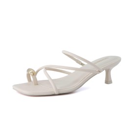 CUSHIONAIRE Maui Women’s Strappy Toe-Ring Slip On Kitten Heel – Vegan Leather Dress Sandal + Memory Foam, CREAM 8